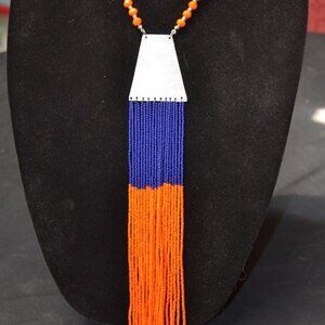 Blue and Orange Long African Beaded Necklace